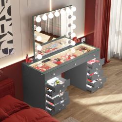✅️✅️VANITY  Desk with Lights and 15 bulbs Vanity Mirror Gray color ✅️✅️