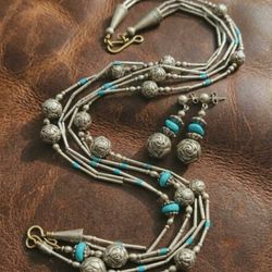 X2 STAMPED VINTAGE STERLING SILVER 925 ROSE BEADED TURQUOISE NECKLACE DANGLE EARRING SET