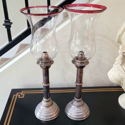 Antique 1888 Imperial Russian Brass Candlesticks Pair Bohemian Glass Shades 19"