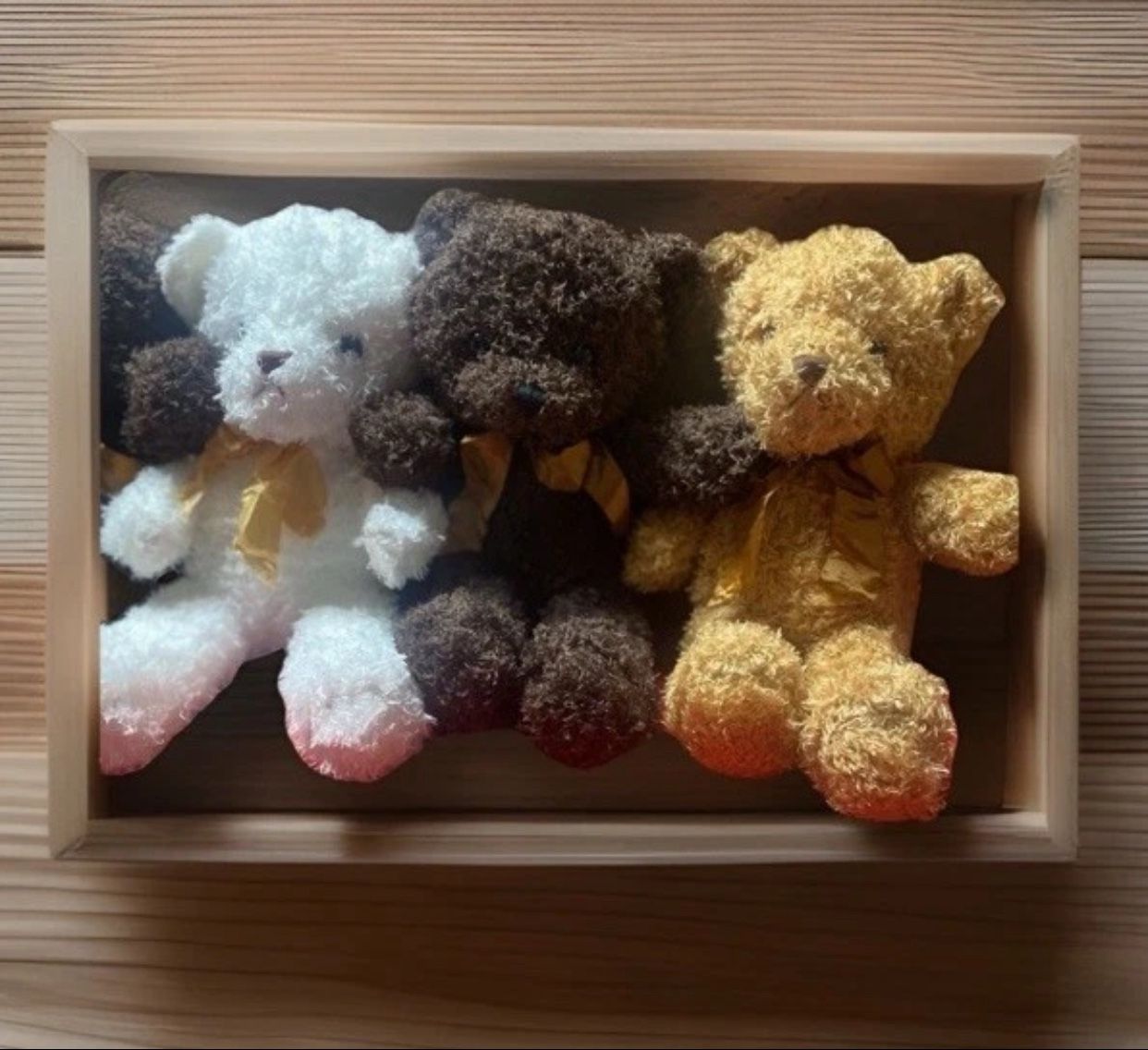 Set of 3 soft and cuddly teddy bears in white, brown, and golden cuddly buddies