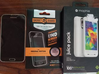 Samsung Galaxy S5 phone, screen guard and juice pack