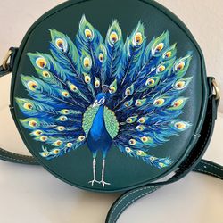 Hand Painted Peacock Portland Leather Goods Crossbody Bag