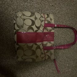 Coach Signature Monogram tote bag with purple accents