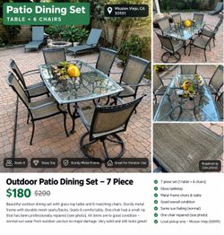 7-Piece Outdoor Patio Dining Set – Glass Table + 6 Chairs