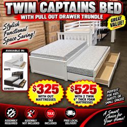 Twin captains bed with drawer pull out trundle. Available in espresso & white. Assembly required. Assembly not included. Tax included. Free local deli