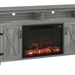 Gray TV stand with built-in fireplace