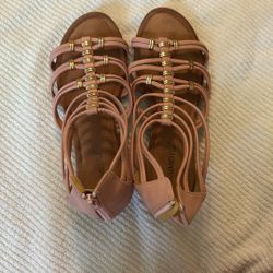 Size 10, Saimeitu Pink and Gold Strappy Wedges