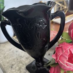 LE Smith Black Milk Glass Loving Cup Vase Dancing Nymphs Design 7”