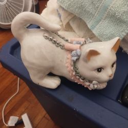 White Porcelain Ceramic Cat with Sculpted Blue Roses/ Pink Bow/ Circa 1960