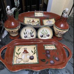  Parini Ceramic oval serving dish w/ metal stand, serving tray, 2 oil dishes and 2 oil dispensers $35
