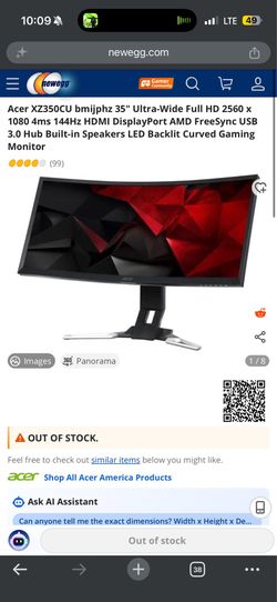 Used Acer XZ350CU Curved 144hz, 35in, Ultrawide.