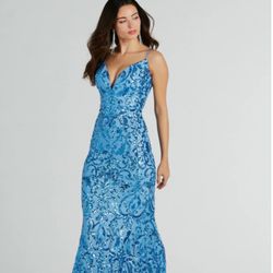 Kara V-Neck Mermaid blue  Sequin Formal Dress