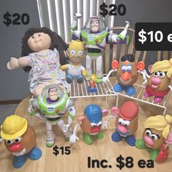 Cabbage patch doll $20, Homer $10 & Lisa $8 Simpsons, Buzz Lightyear $15 & $20, Potato Heads $10 & $8, potato head parts $1 each.
Pick up in Harlingen