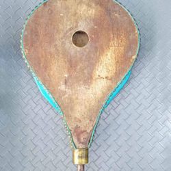 Antique Fireplace bellow studded wood and teal leather