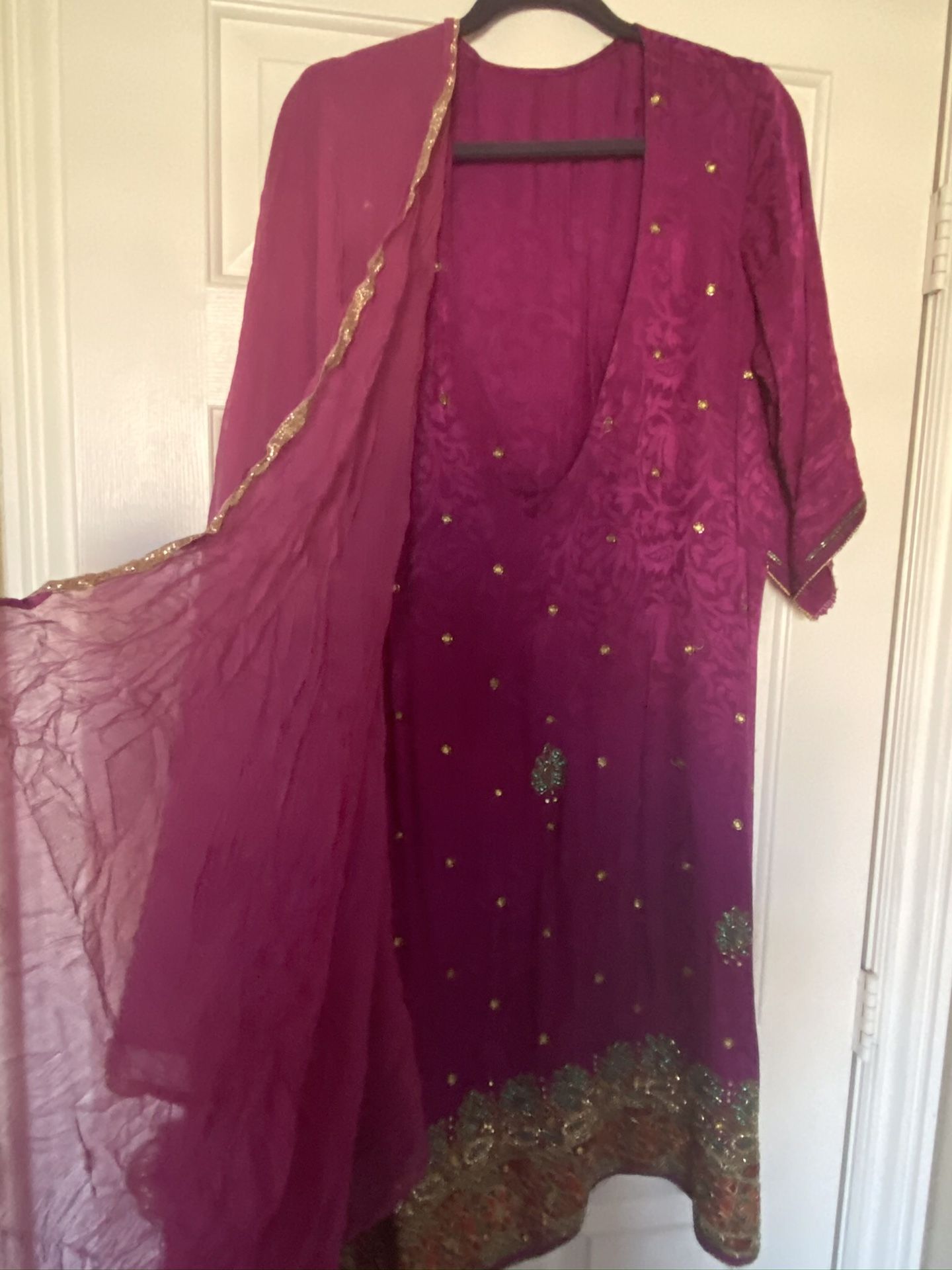 Dark Magenta and green/gold bead embroidered Indian Tunic Suit, fits 16/18, tunic, shawl and pants set, custom made in India