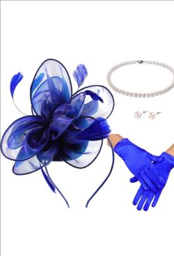 Fascinators Hats with Gloves Set for Women 20s 50s Cocktail Tea Party Wedding Costume Headwear (Blue, S)