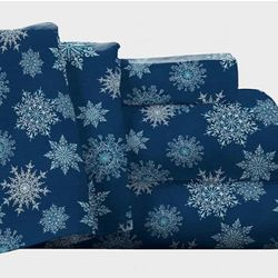 New Flannel Deep Pocket Set with Oversized Flat Sheet, King, Snow Flakes Navy