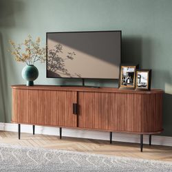 70" Modern TV Stand with Tambour Door for TVs up to 80", Entertainment Center with Storage, Fluted Television Consoles for Living Room, Brown