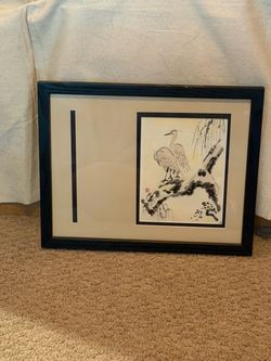 Framed Asian Ink Painting of Cranes
