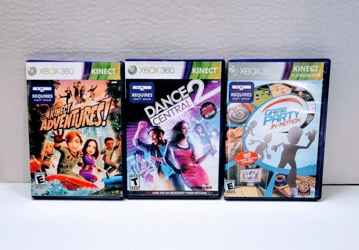 Three Xbox 360 Kinect Games, with, Adventure, Games and Dance.