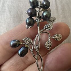 Silver Brooch With Black Pearls