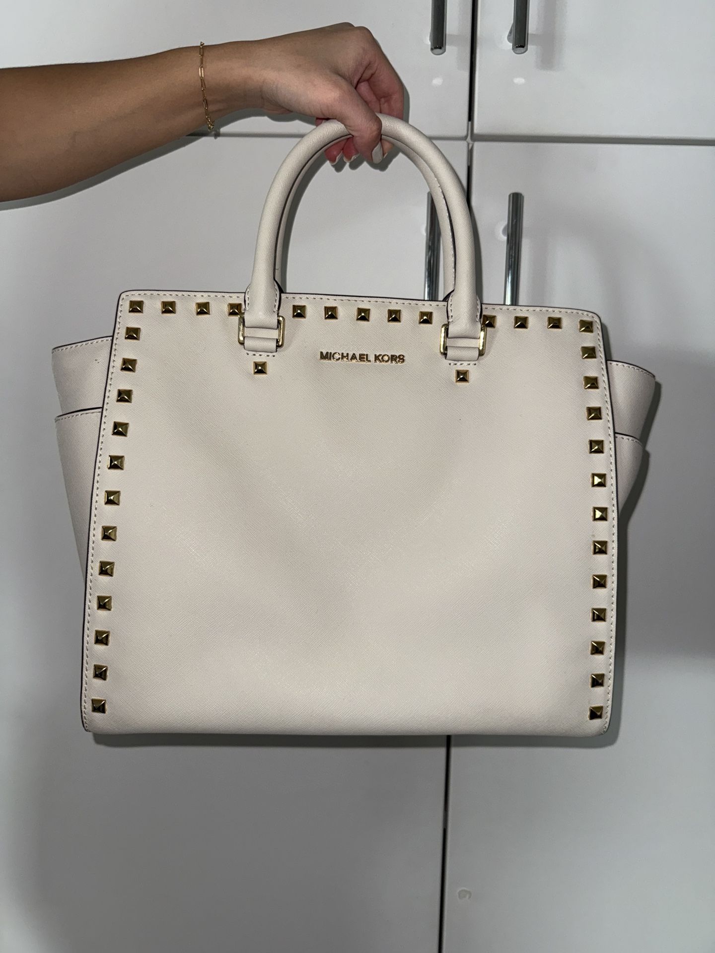 Michael Kors Selma XL Studded Satchel Saffiano Leather, Authentic
