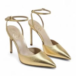 SAM EDELMAN Avril Ankle Strap Pointed Toe Gold High Heel Pumps 9.5