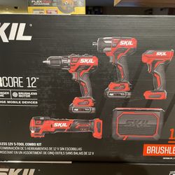 Skil 5 pc 12v brushless combo kit drill, impact,flashlight,radio,and multi tool with (2) batt and charger   $200 n Lakeland 