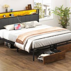 Queen Size Bed Frame with Upholstered Wingback Headboard, Heavy Duty Metal Bed Frame with 2 Storage Drawers, LED Light(6270 Queen)