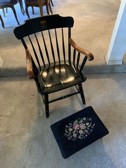 solid wood chair. Foot stool/ottoman, hand stitched, floral design covering. Chair width 20” x 18” seat measures  Height 18” floor to seat  36” total 