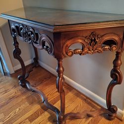 Antique Wood Console Table With Glass Top