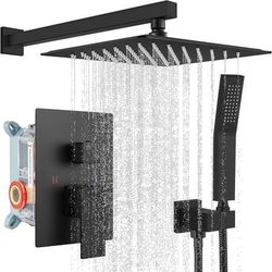 Bathroom Shower System Rain Shower Head and Handle Set Wall Mounted Shower Complete Combo Solid Brass Pressure Balancing Shower Mixer Valve 10 Inch Ma
