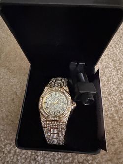 BRAND-NEW Gold-Tone Iced-Out Crystal Watch With Box