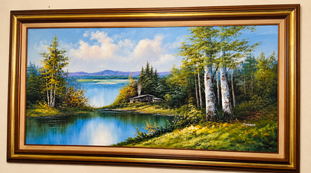 Large Framed Lake Landscape Art – Birch Trees, Cabin & Gold Frame – 53" x 32"