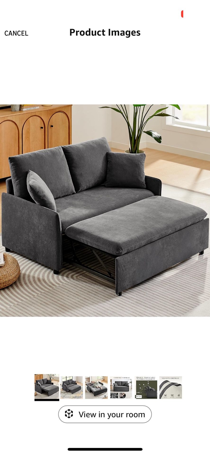 Sleeper Sofa Bed, Pull-Out Convertible Sofa Bed, 55'' Lounge Soft Futon Sofa, Chenille, Grey