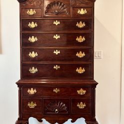 Vintage dresser  Materials: Mahogany, Brass Thomasville Chippendale Style Mahogany Bonnet- Top Highboy 37" W x 20" D x 84" H  The listing is for this 