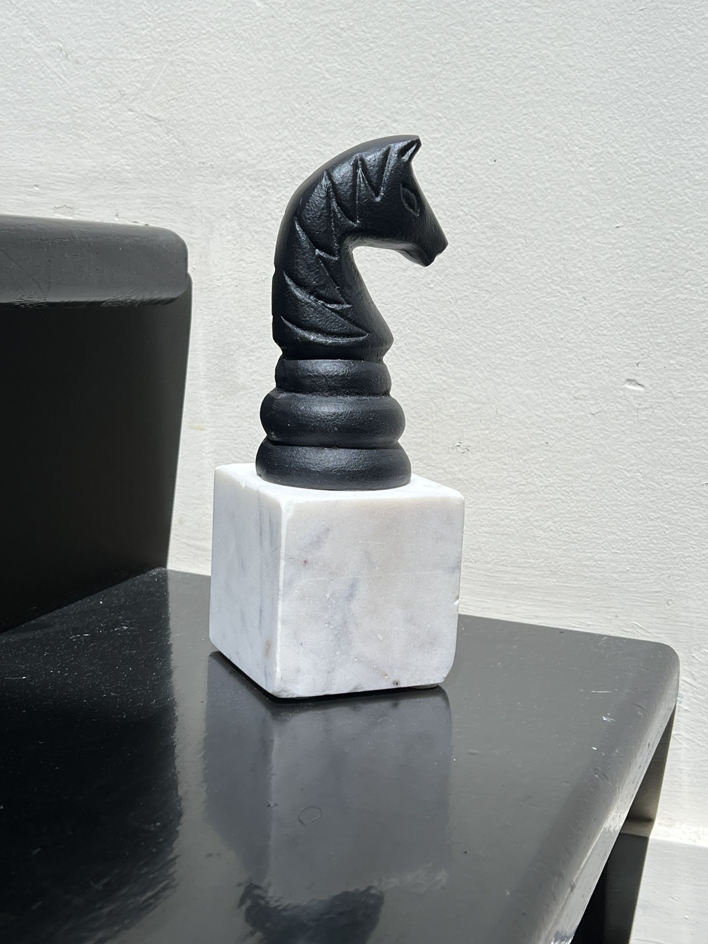Black And White Marble & Metal Knight Large Chess Figurine, Black And White Home Decor
