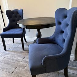Black Round Table W/ 2 Blue Chairs