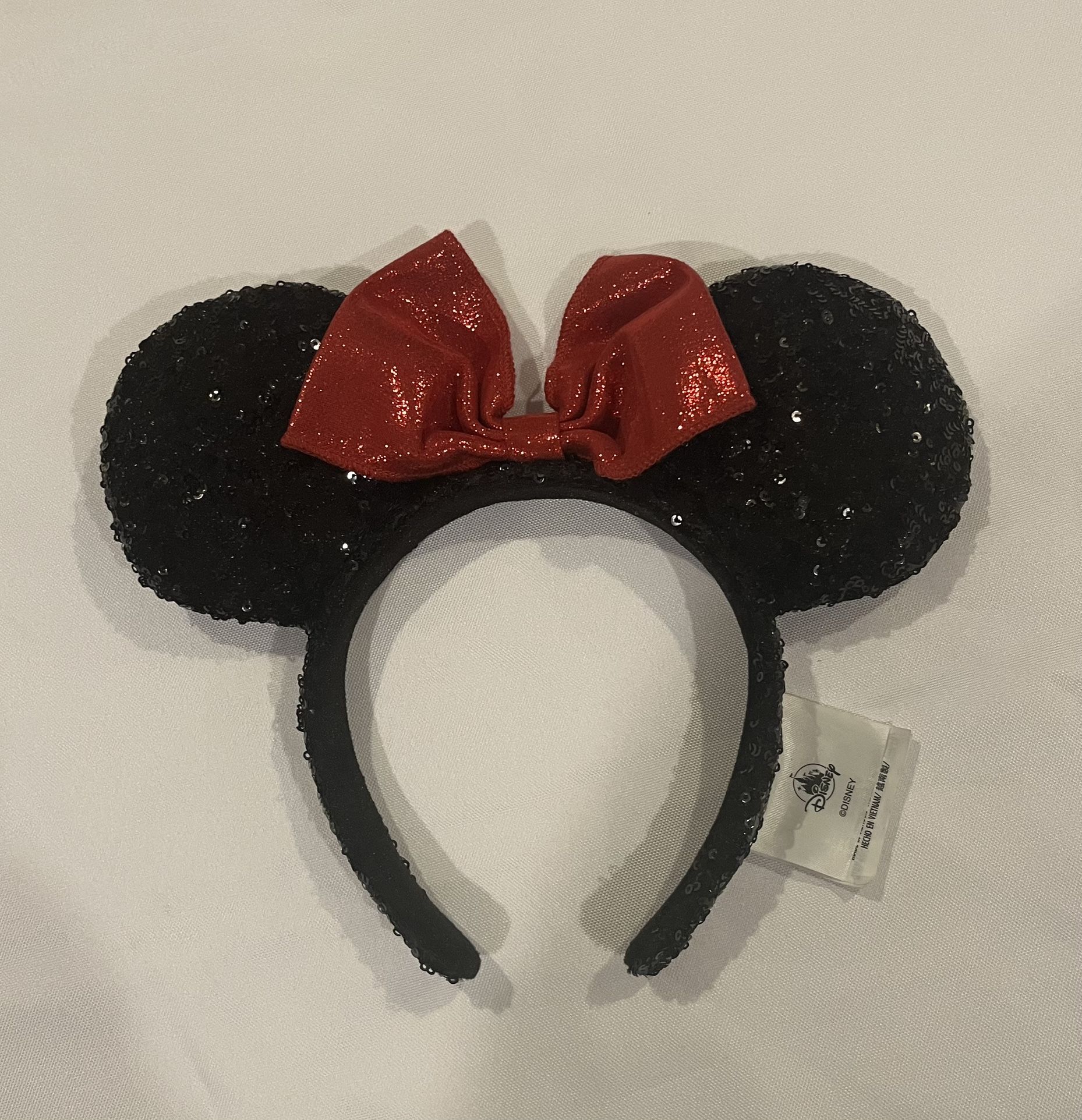 Like New Disney Disneyland Park Ears Headband Black Sequin with Red Shimmery Bow