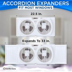 Comfort Zone Twin Window Fan with Reversible Airflow Control, 9 inch, Auto-Locking Expanders, 2 Speed Fan, Dual Fan, Exhaust, Airflow 9.84 ft/sec, Ide