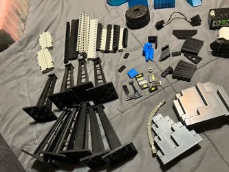 Vintage Lego monorail motor, battery box, cable, and other parts