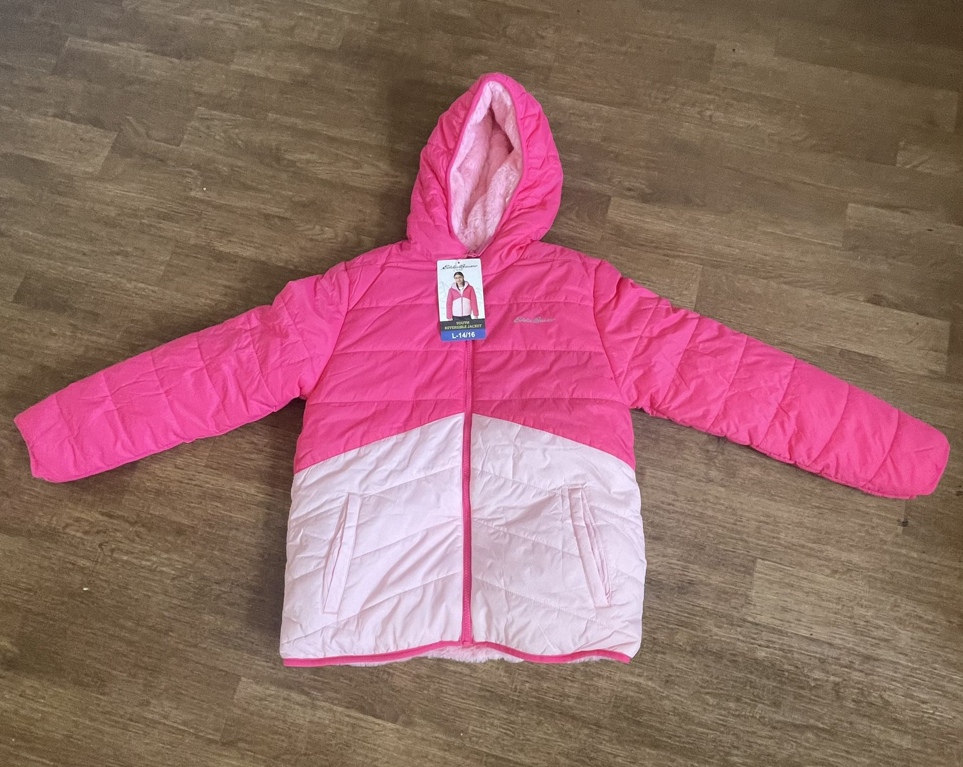 NEW Eddie Bauer Girls' Youth Reversible Plush Hoodie Jacket Pink Large 14 - 16