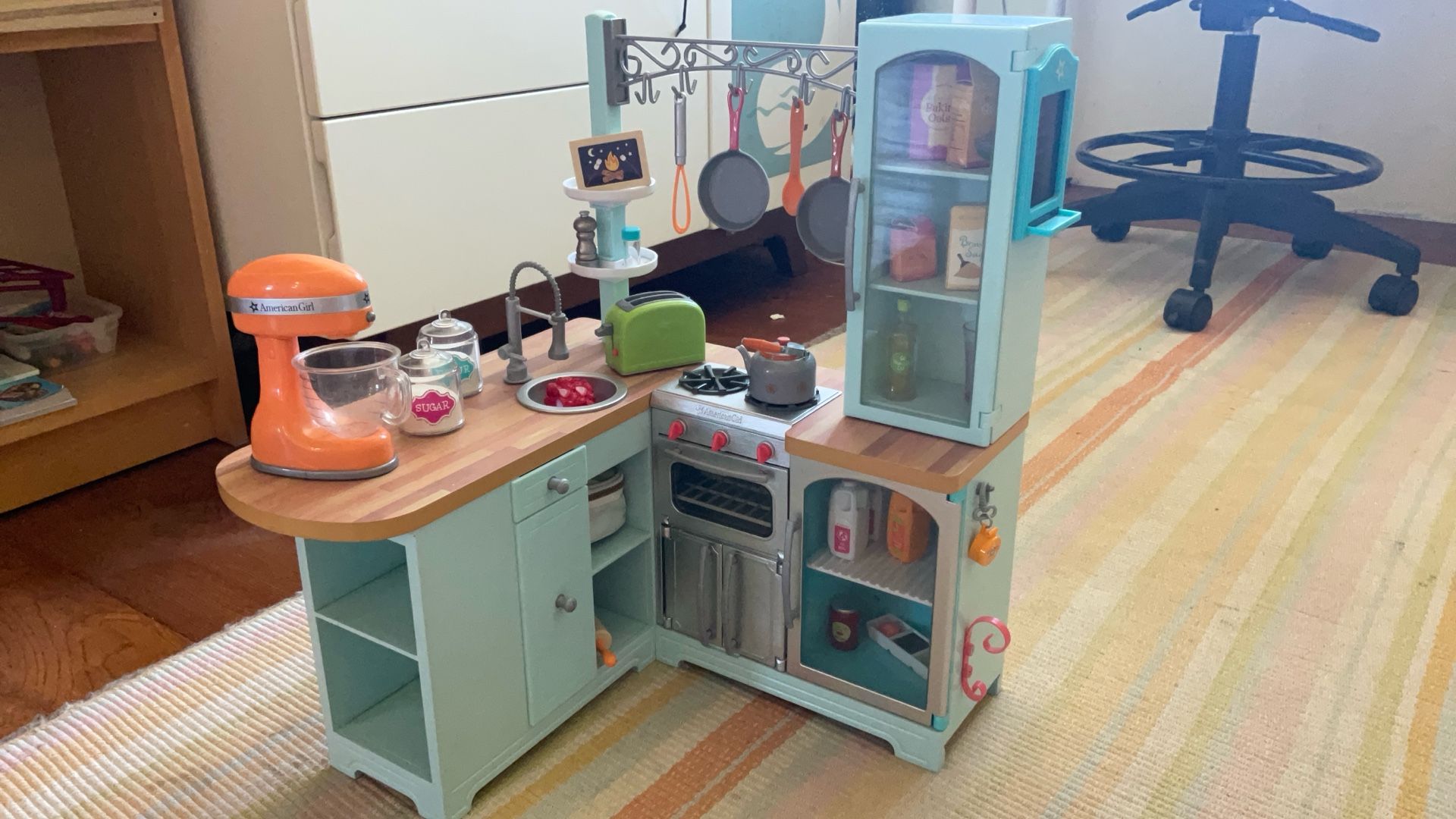 American Girl doll Kitchen, 30 Pieces Of Food And Add Ons, Teal Color