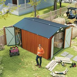 9x11 FT Outdoor Storage Shed with 3 Lockable Doors, Metal Utility Tool Shed with 4 Vents, Large Garden Storage for Lawn Equipment, Patio Furniture, Ba