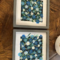 Pair Of Small Wood Frames Flower Paintings 