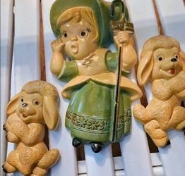 Vintage Ceramic Wall Plaques Shepherd Girl and Lambs