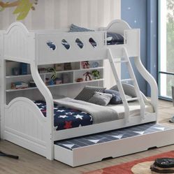 White Twin/ Full Bunk Bed w/ Trundle 🇺🇸Memorial Day Sale🇺🇸