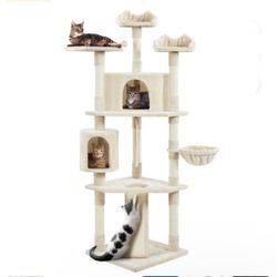 79" Multilevel Cat Tree Condo with Basket & Scratching Posts & Ramp, Beige