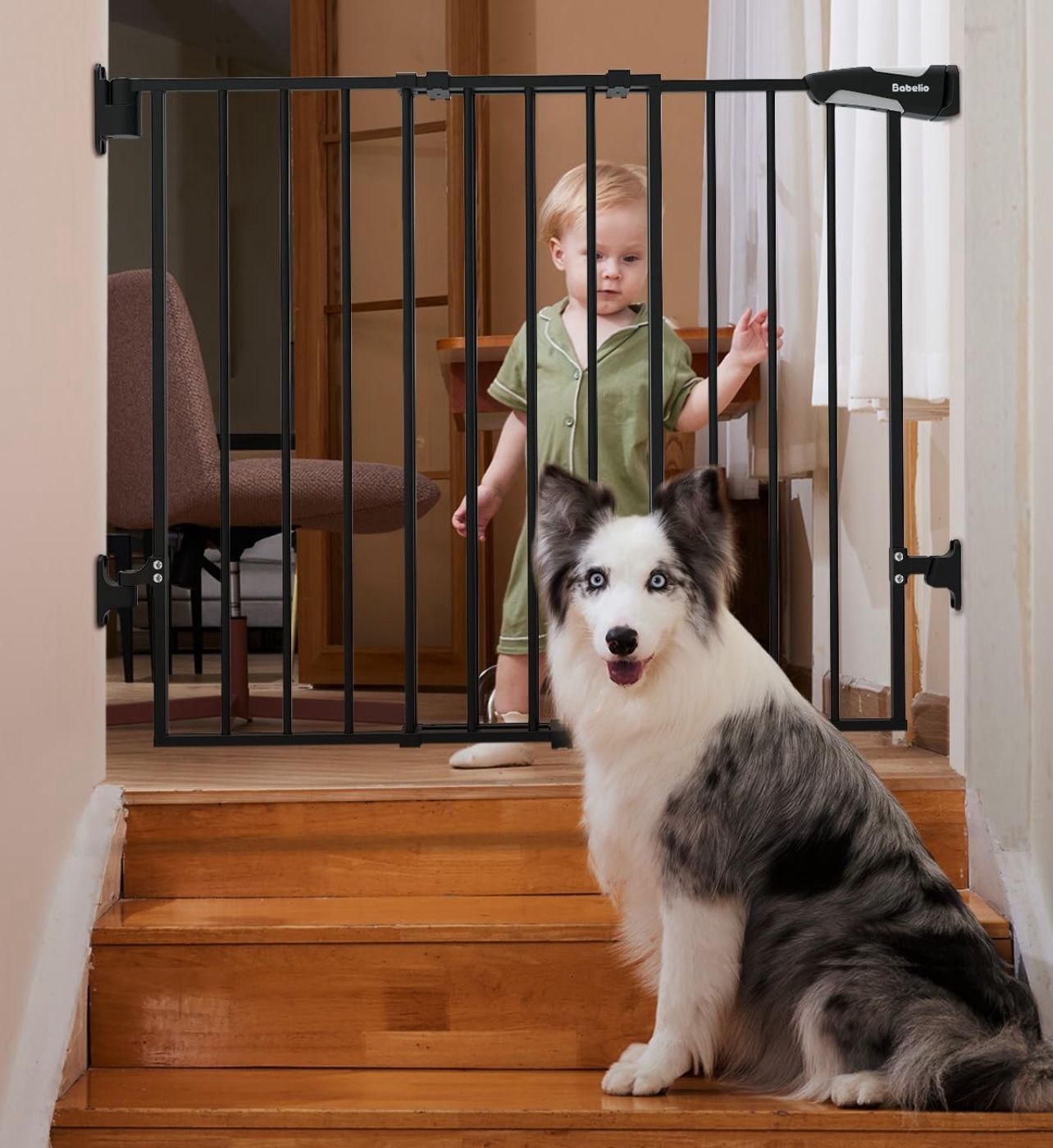Babelio 26-43" No Bottom Bar Baby Gate for Babies, Elders and Pets, 2-in-1 Hardware Mount Dog Gate for The House, Stairs and Doorways, with Large Walk