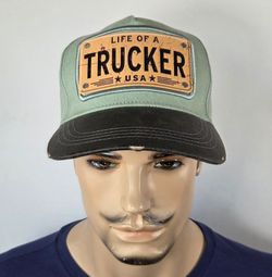 Wild Wear Life Of A Trucker USA Adjustable Velcro Hat License Plate Blue Green